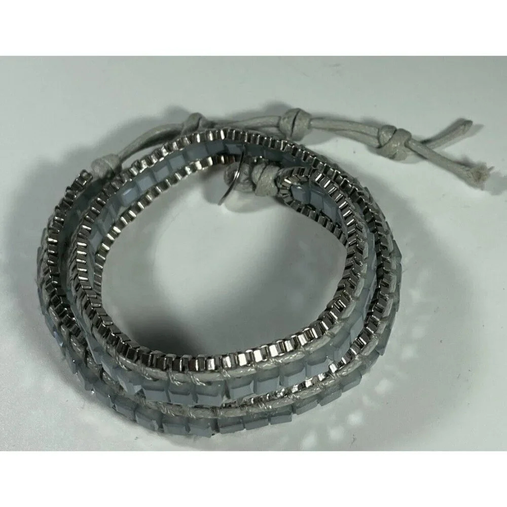 Katie Soleil Women Square Beaded 3 Wrap Bracelet Grey Cord Opaque Blue Silver - Picture 2 of 5